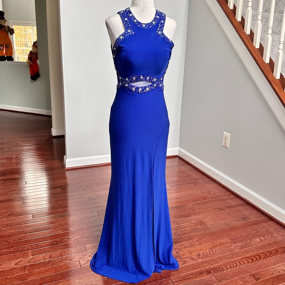 Vintage Y2K 2000s Morgan & Co Royal Blue Embellished Cutout Gown Sexy Dress